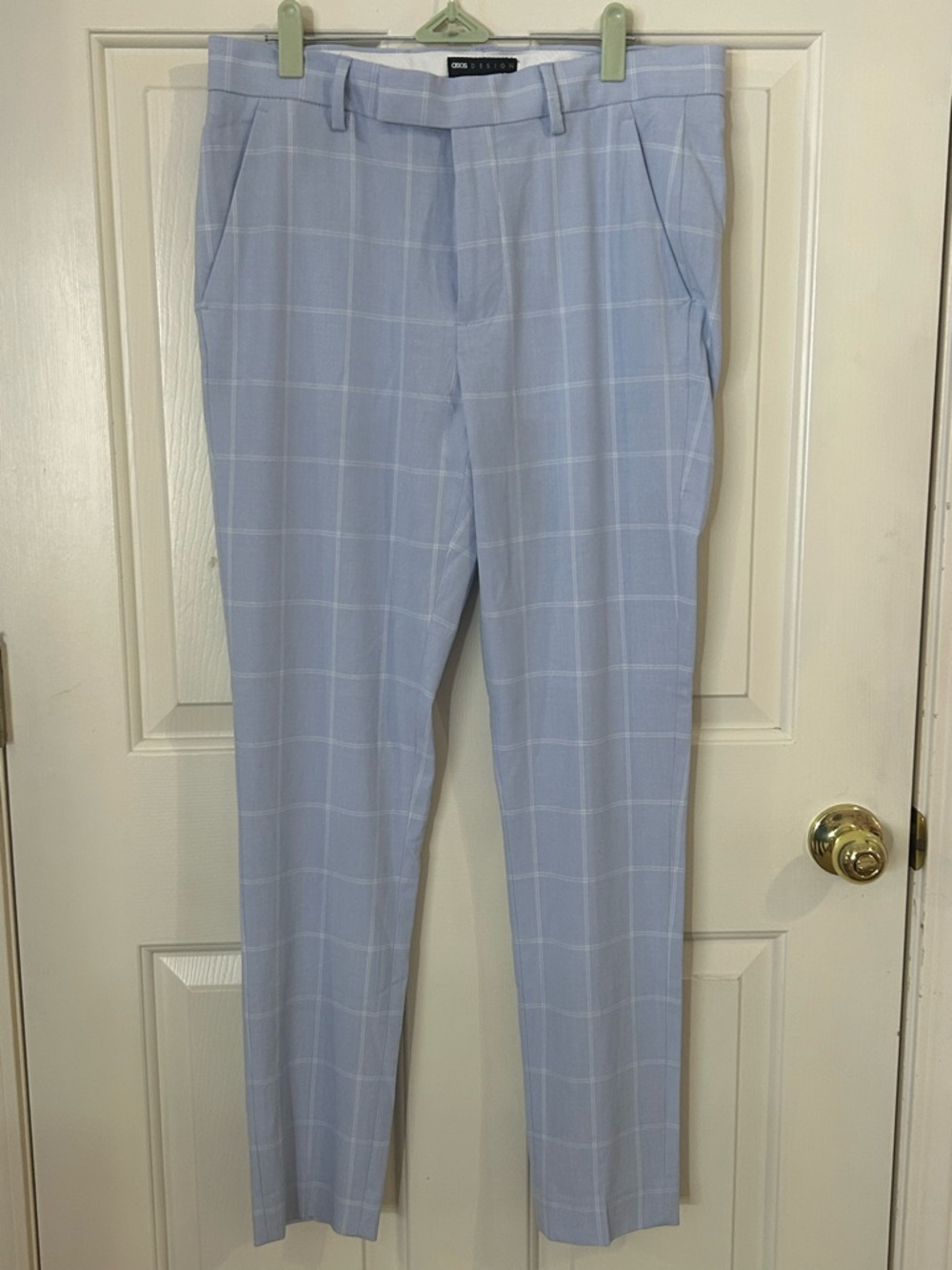 ASOS Design Pants Mens 32x30 Blue Window Pane Check Stretch Dress Trousers